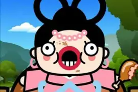 una doncella de soo comiendo pollo pucca