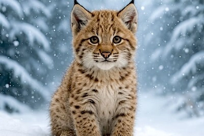 Lynx cub in snowy forest