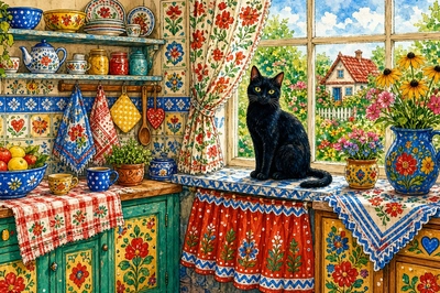 Folk Black Cat Window