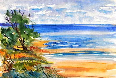 Akwarela abstrakcyjny pejzaż morski z piaskiem