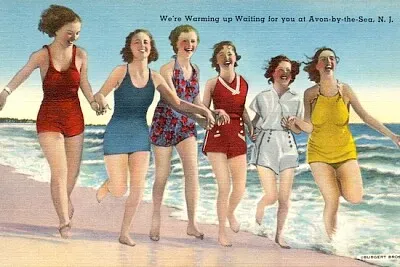 Women by the beach (vintage postcard)