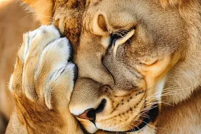 פאזל של אריה מחזיק את כפו על פניו