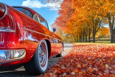 Voiture ancienne dans un paysage d'automne