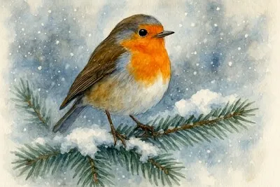 Robin bird on snowy branch