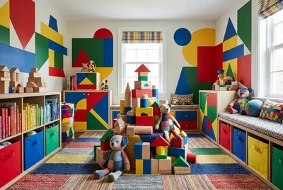 Sala giochi per bambini piena di libri, blocchi, St