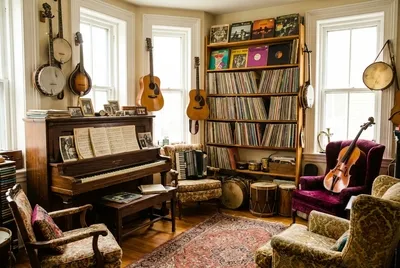 Pokój muzyczny z zabytkowymi przedmiotami