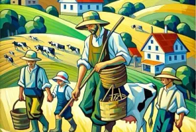 Father, two sons, and cows in the farm on a hill