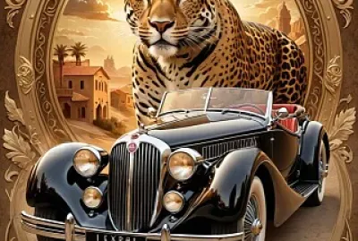 פאזל של Double composition of a retro car and a jaguar.