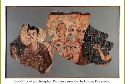 Bouddha et six disciples. Peinture murale du IIIe
