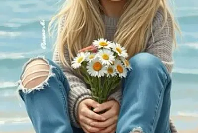 Girl flowers and sea