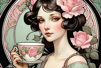 mucha lady with teacup