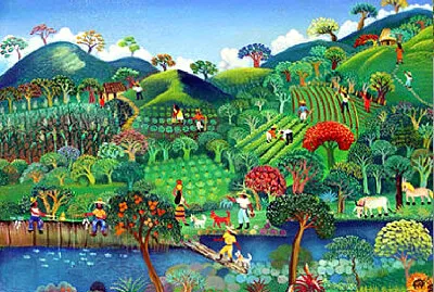 au bord de la rivière art naïf