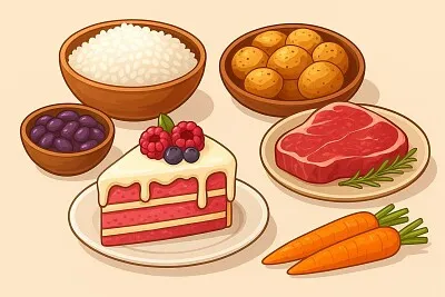 Food (rice, cake, patatoes, carrtos, beans)