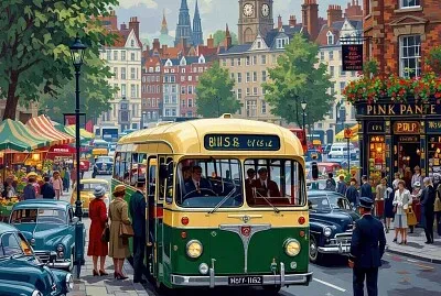 Vivid painting depicting a bustling