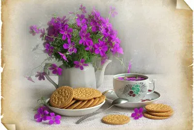 Floral Bouquet with Tea-Vintage Art