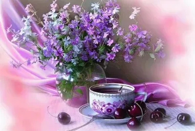 Purple Flowers and Cherries-Art