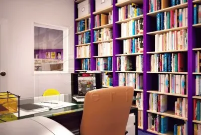 Office with Purple Bookshelves