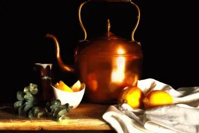 Still life  Kettle and Fruit