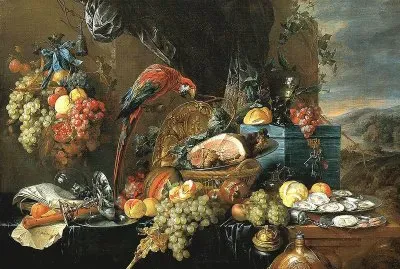 A Richly Laid Table with Parrots