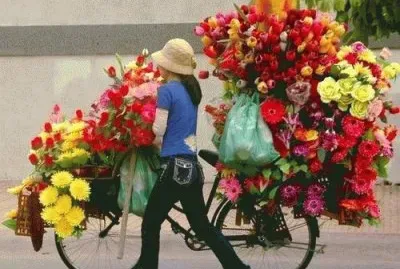 Girl with Bike and Flowers