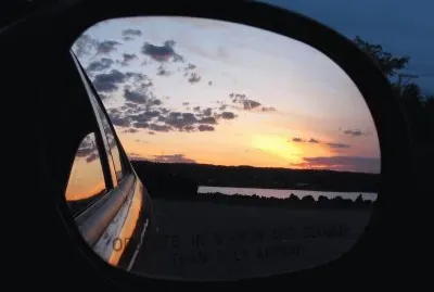 Sunset in the rearview mirror