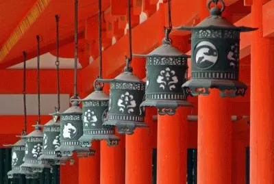 Lanterns at Heian Jingu shrine  Kyoto  Japan