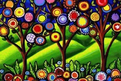Folk art Whimsical Trees Blossoms