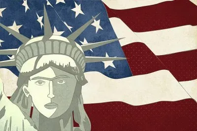 Statue of Liberty and the American Flag