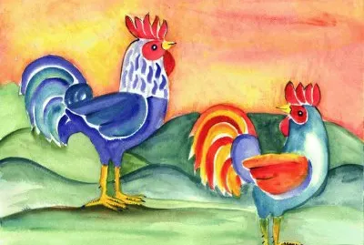 Rooster and Hen during Sunrise