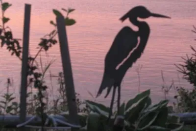 Bird figure overlooking river sunset