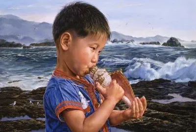 Native Thai Boy blowing on a Shell jigsaw puzzle