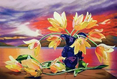 Blue Pitcher with Tulips