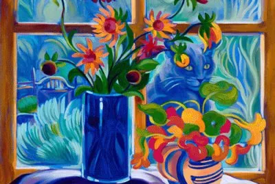 Flowers and Cat by Tracy Turner