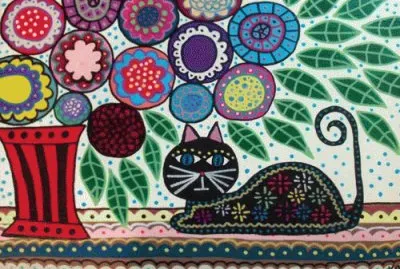 Mexican Folk art Black Cat and Flowers