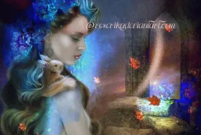 Dibujo de mujer con conejo en el hombro