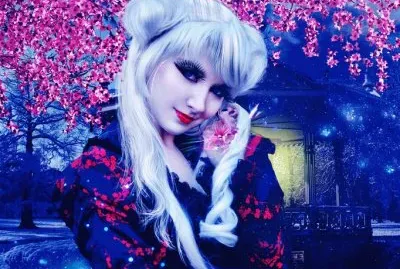 Chica de pelo blanco y flores rosas jigsaw puzzle