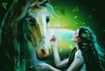 Mujer con unicornio verde