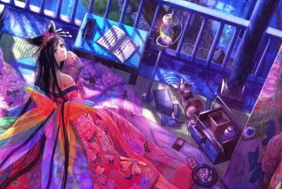 Mujer animÃ© con vestido en el balcÃ³n