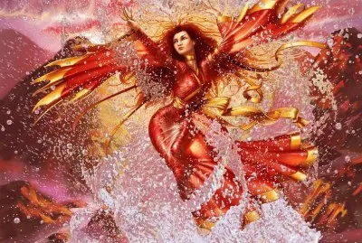 Mujer de vestido rojo bailando con agua