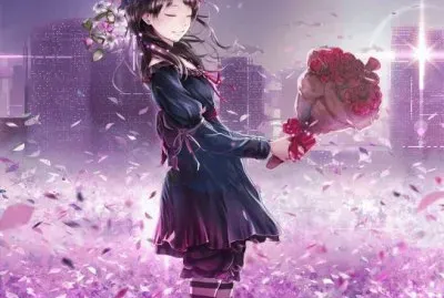 NiÃ±a con vestido negro y ramo de rosas