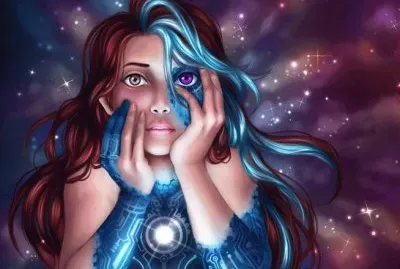 Chica en el espacio con pelo rojo y azul