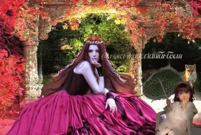 Mujer y niÃ±a en el jardÃ­n con zorro en el fondo