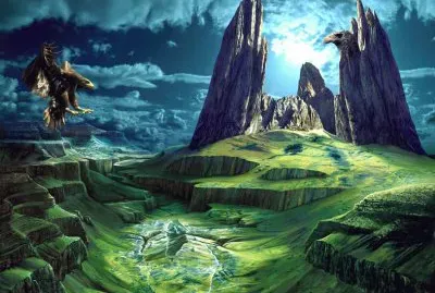 Paisaje fantasÃ­a con montaÃ±a y aguila