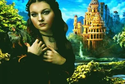 Mujer con iguana y castillo de fondo