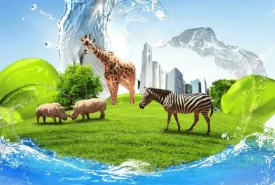 Paisaje fantasÃ­a con animales, ciudad y agua