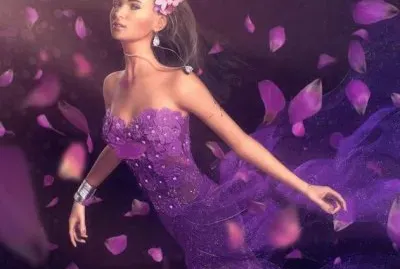 Mujer con vestido y pÃ©talos violetas