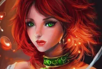Chica de pelo rojo con collar y ojos verdes