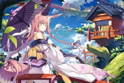 Chica conejo animÃ© con sombrilla y kimono