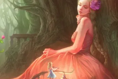Chica sentada en el bosque con vestido rosa