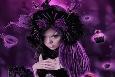 Chica bruja en tonos violetas